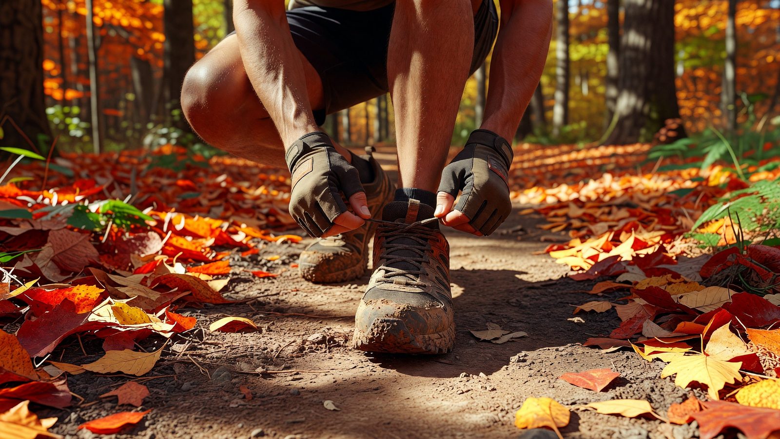 Des mains lacent des chaussures de trail sur un chemin forestier couvert de feuilles d'automne