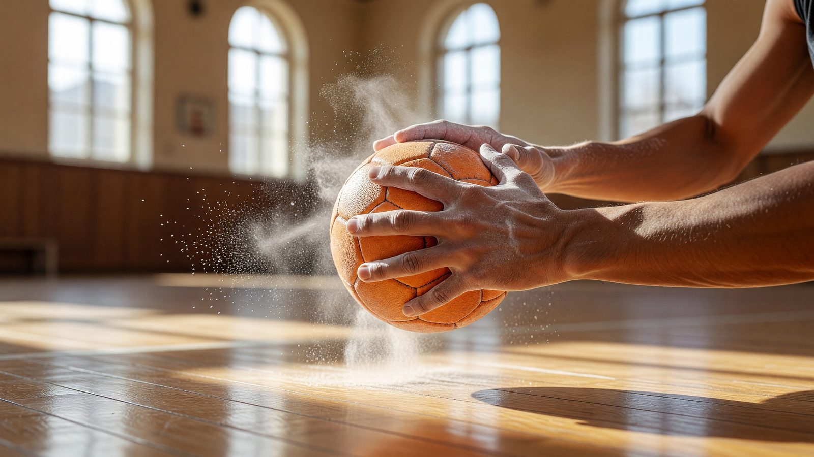 Gros plan sur des mains tenant un ballon de handball sur un parquet de salle, en pleine lumière du jour.