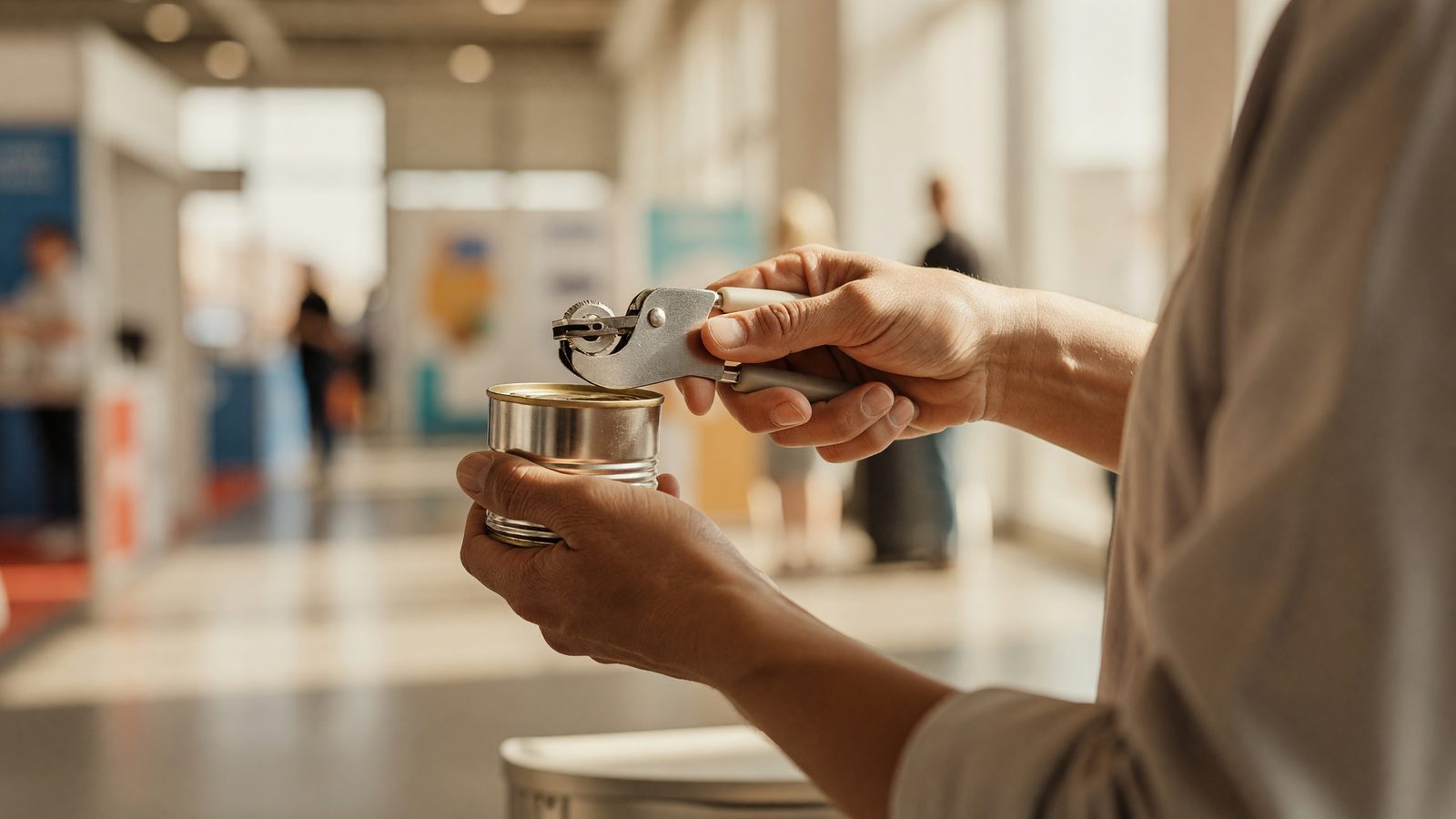 Des mains testent un ouvre-boîte sur un stand du chapiteau des Innovations de la Foire internationale de Metz