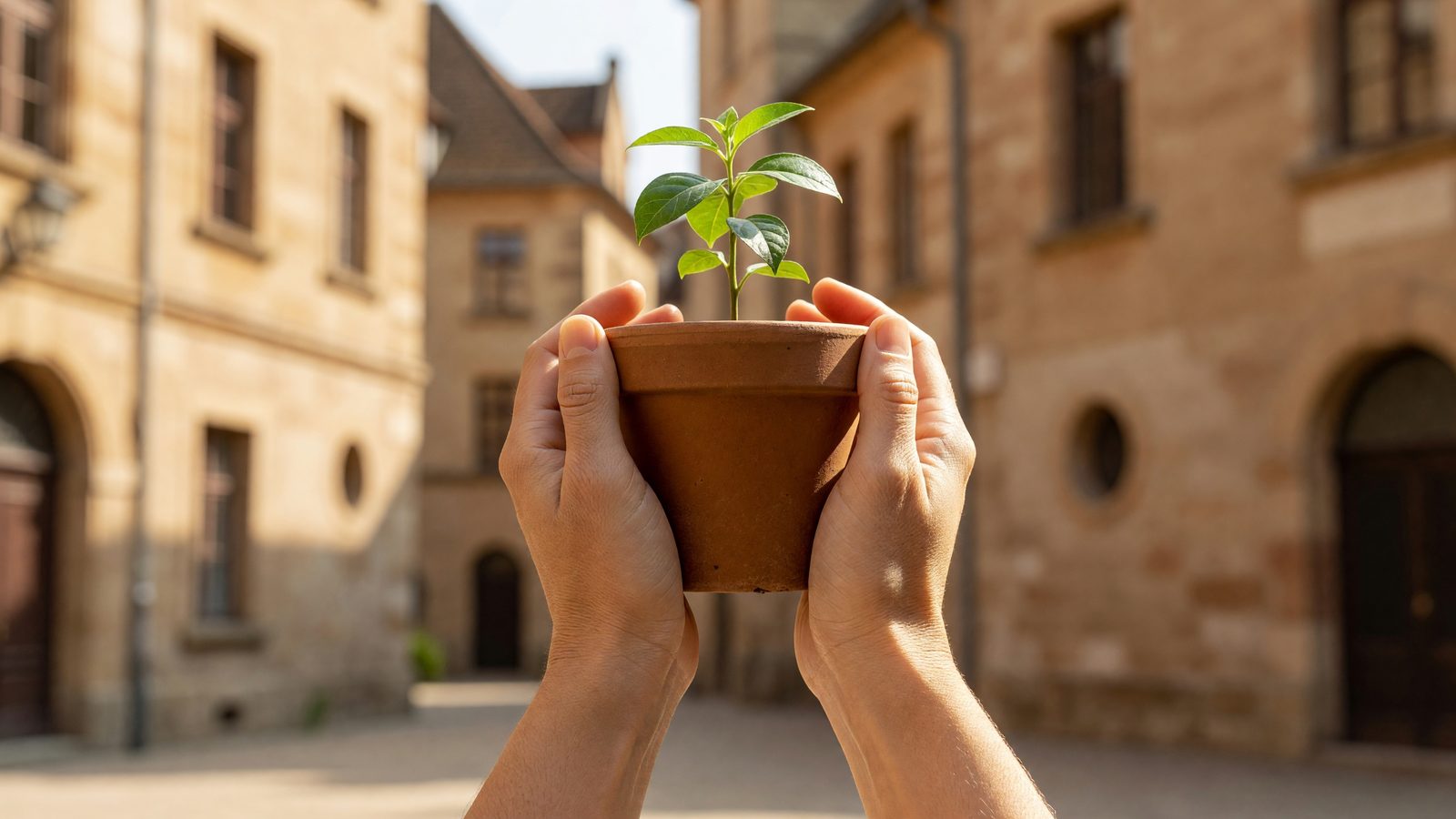 Des mains tiennent un jeune plant en pot dans une rue ensoleillée du centre historique de Metz.