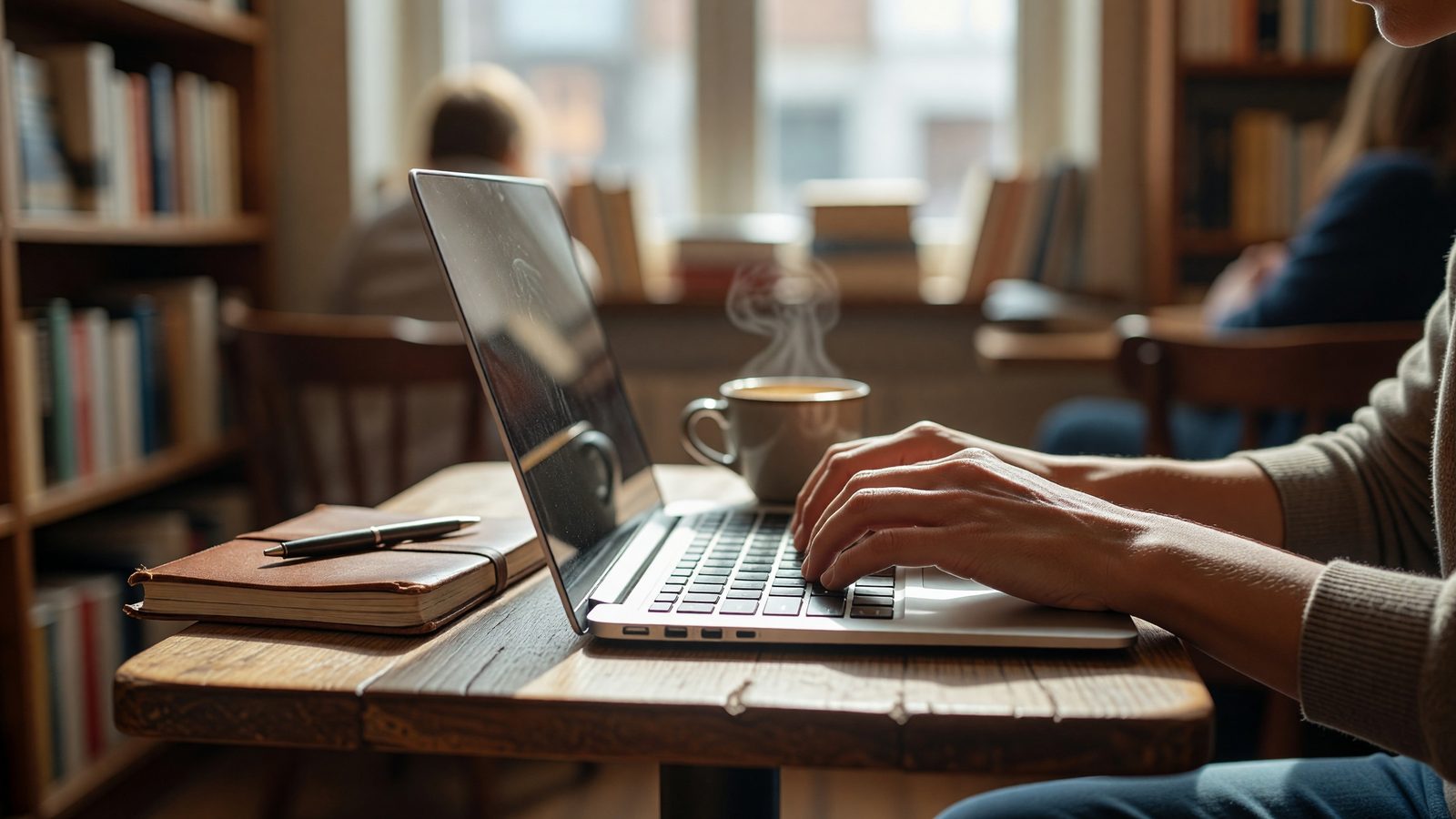 Des mains tapent sur un ordinateur portable posé sur une table de café, à côté d'une tasse de café, en pleine journée