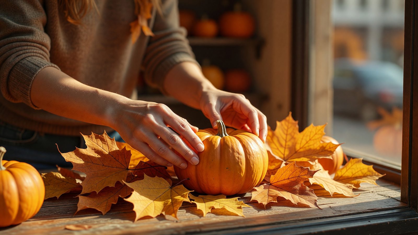 Des mains disposent une citrouille et des feuilles d'automne dans la vitrine d'un commerce messin