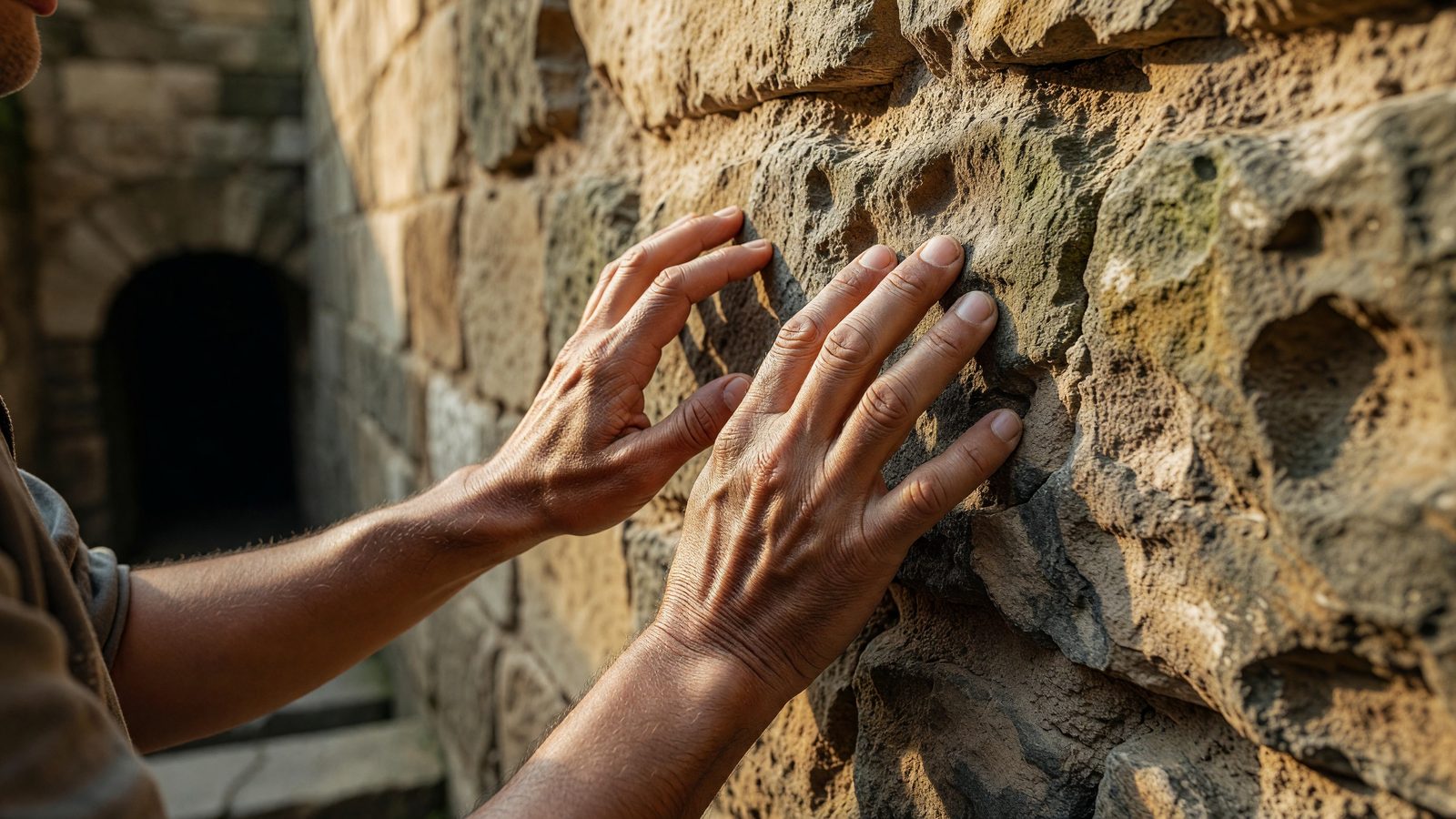 Des mains effleurent la pierre ancienne à l'entrée d'un souterrain messin, en pleine lumière du jour