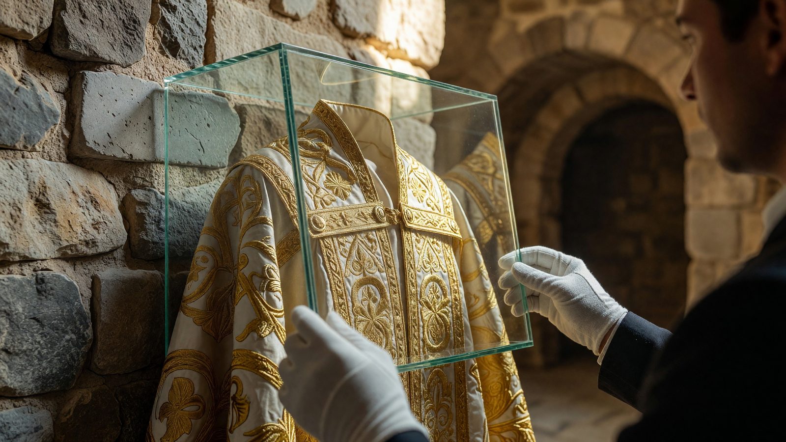 Des mains gantées ajustent avec précaution la vitrine d'un vêtement liturgique ancien dans la crypte de la cathédrale de Metz.