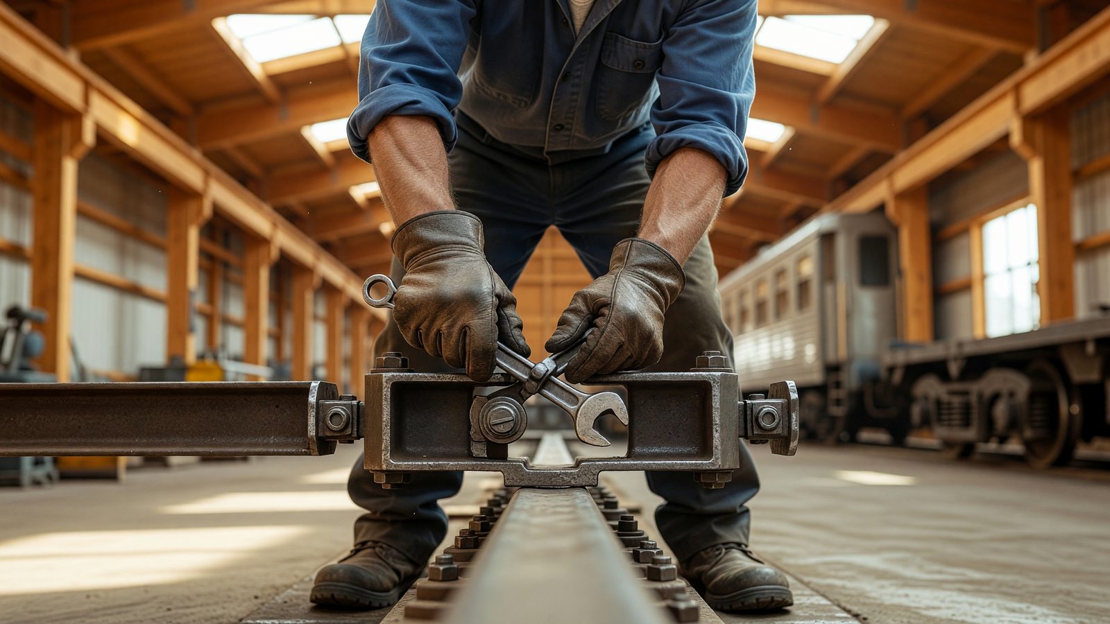 Des mains ajustent un rail à l'intérieur de l'atelier en ossature bois du centre de maintenance de Montigny-lès-Metz