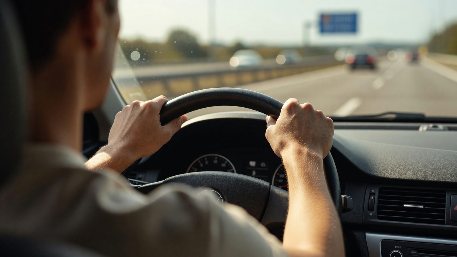 Gros plan sur les mains d'un conducteur posées sur le volant, en pleine lumière du jour sur l'autoroute.