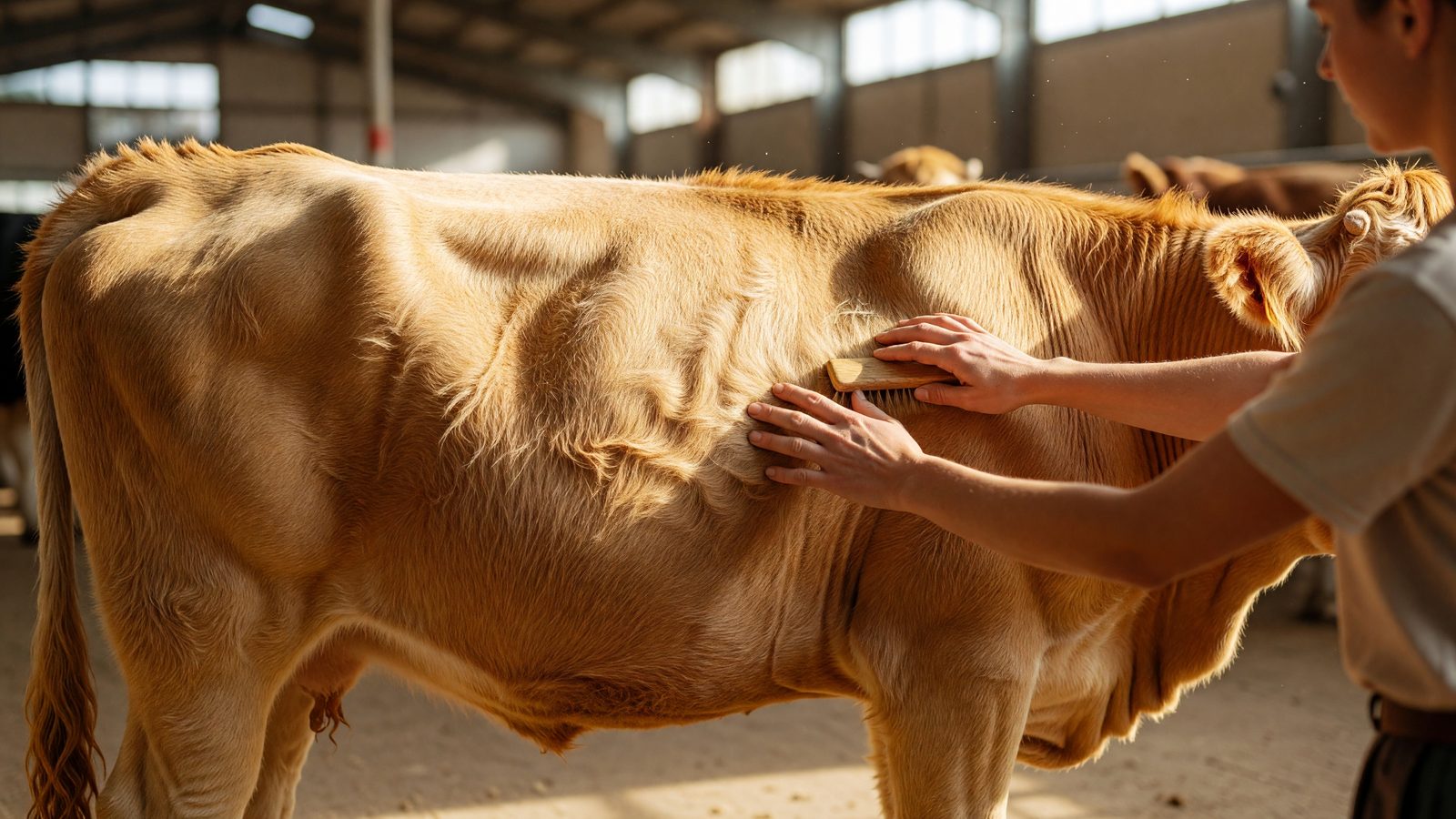 Des mains caressent le pelage doré d'une vache Blonde d'Aquitaine lors du salon Agrimax.
