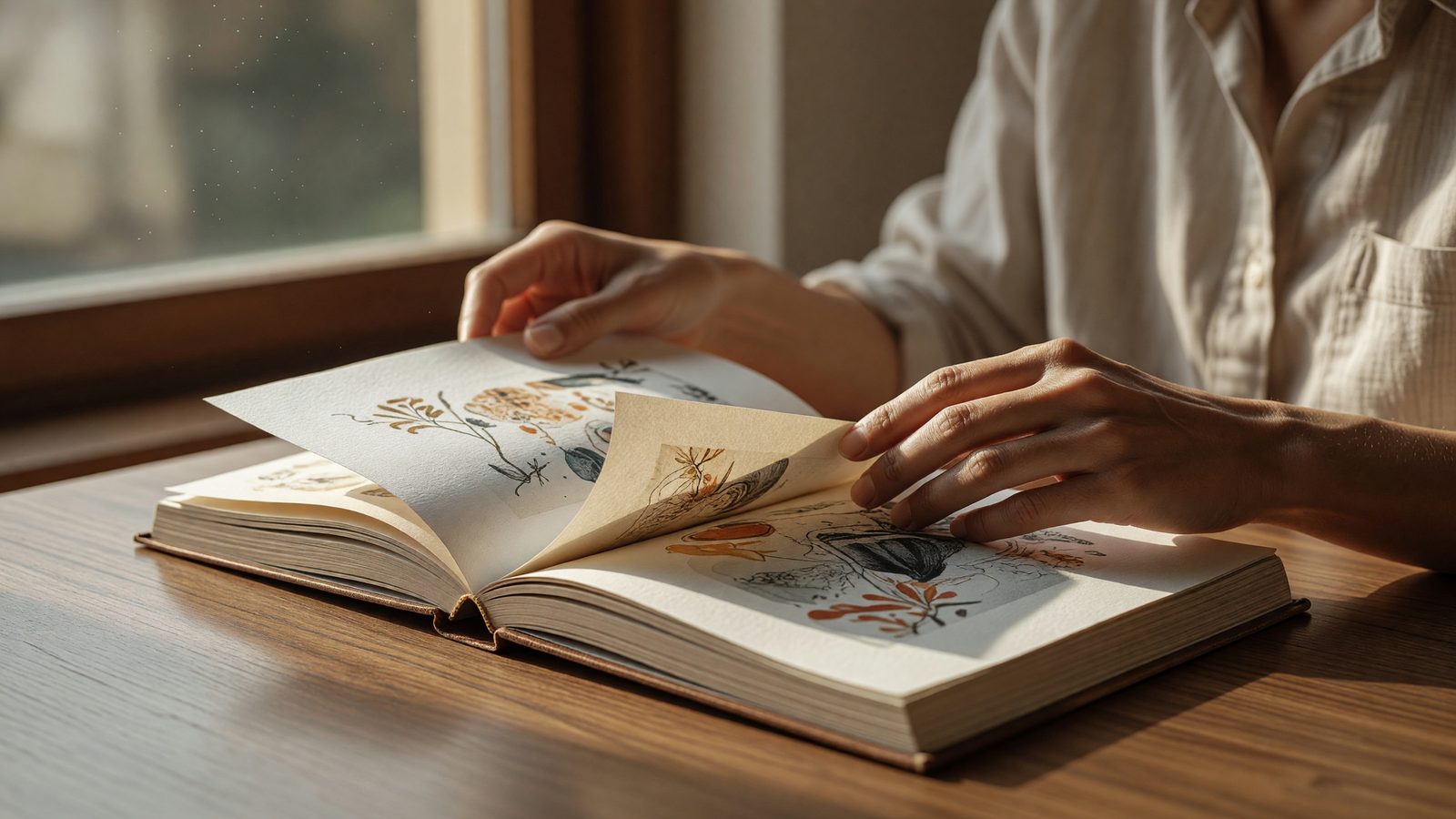 Une main tourne délicatement la page d'un livre d'artiste posé sur une table, dans une lumière naturelle douce