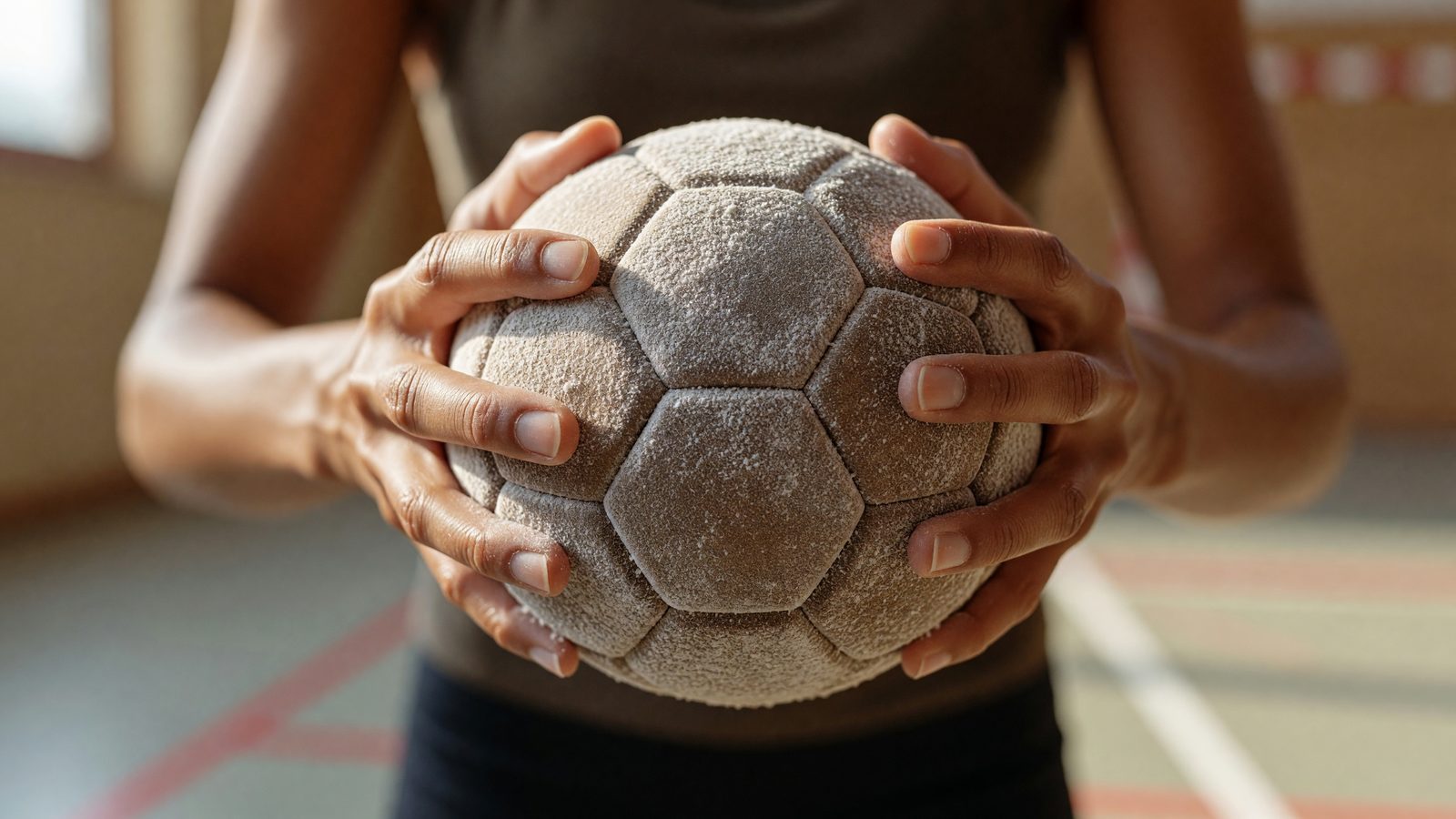 Gros plan sur des mains enduites de résine qui serrent un ballon de handball, en lumière du jour