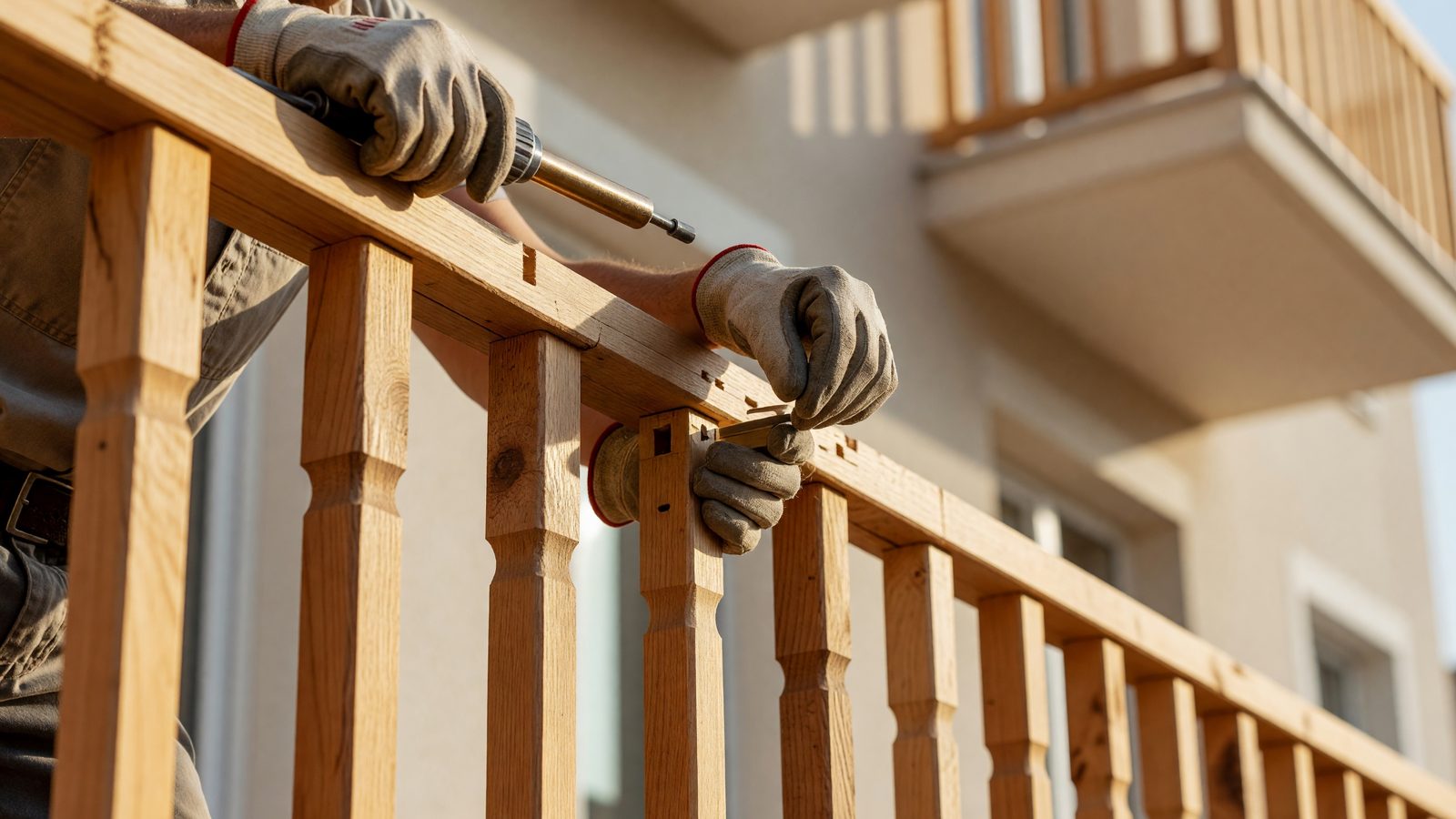 Des mains installent un garde-corps de balcon sur la façade rénovée d'un immeuble à Borny