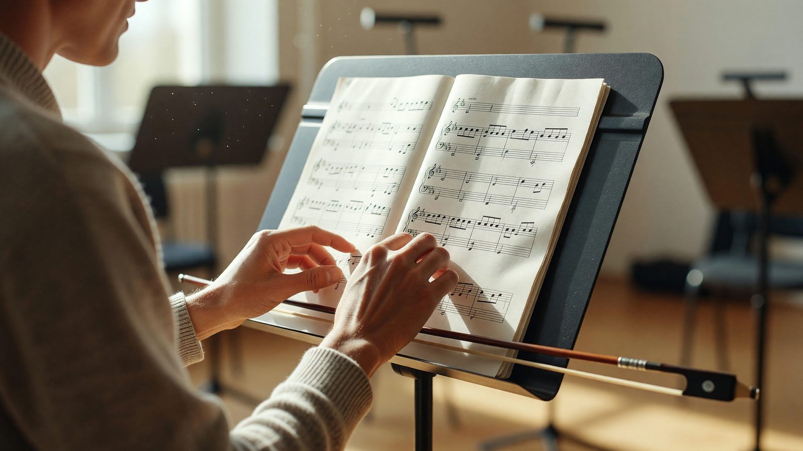 Mains posant une partition sur un pupitre d'orchestre, en lumière du jour