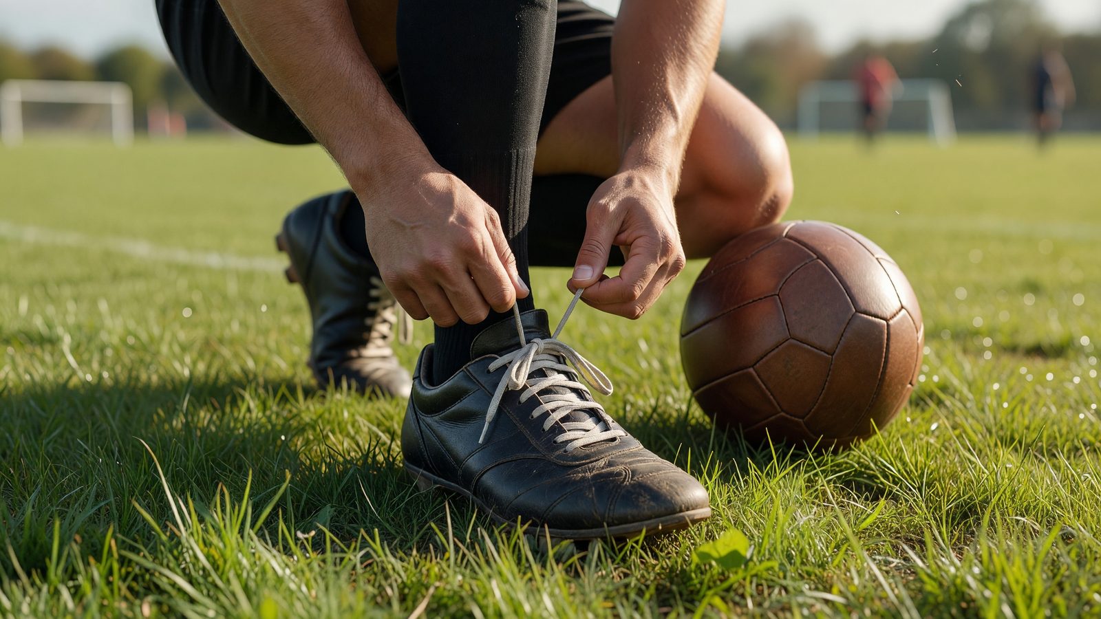 Gros plan sur des mains qui lacent une chaussure de football sur une pelouse, en pleine lumière du jour