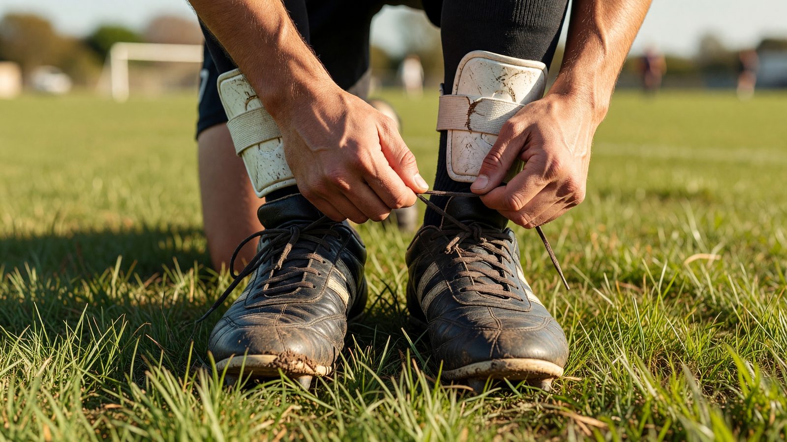 Des mains lacent une chaussure de football crampons sur une pelouse, en pleine lumière du jour