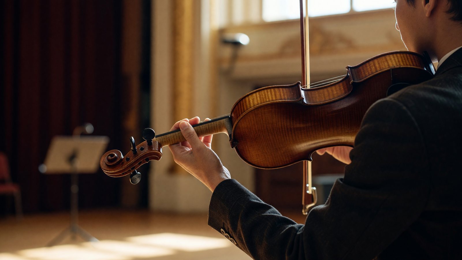 Des mains ajustent les cordes d'un violon dans la lumière avant un concert