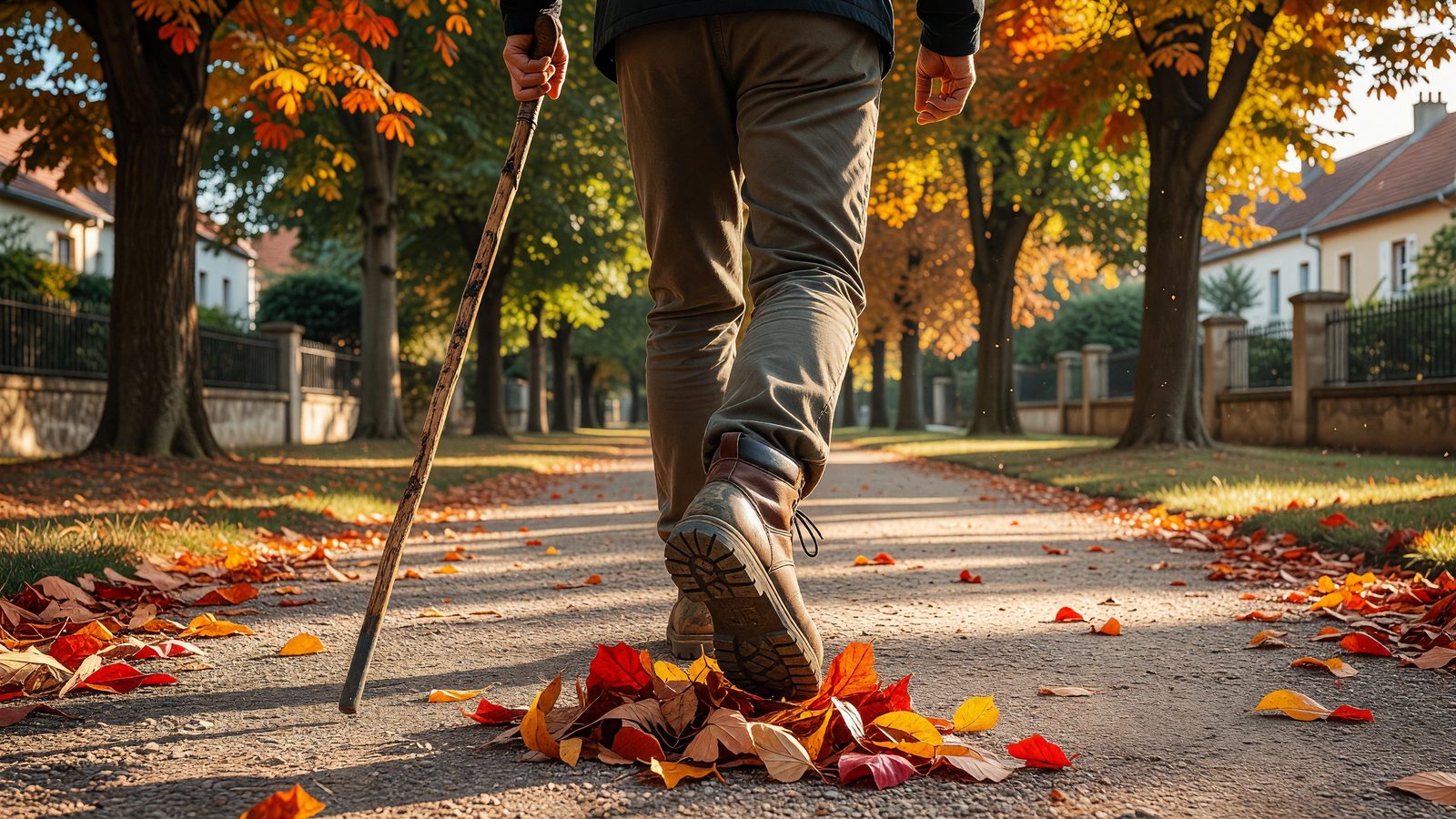Des chaussures de marche sur un sentier bordé de feuilles d'automne, en lisière du quartier Devant-les-Ponts à Metz.