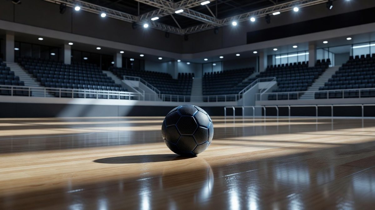 Un ballon de handball sur le parquet d'une salle