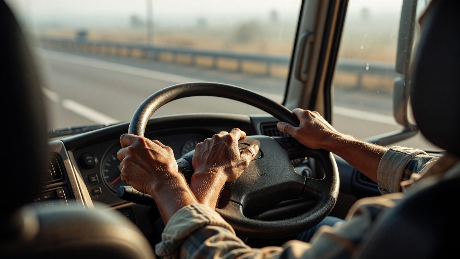 Mains d'un routier sur le volant d'un poids lourd, au petit matin sur une route du Grand Est