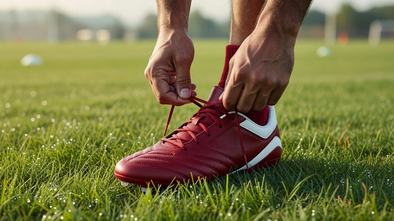 Gros plan sur des mains qui lacent une chaussure de football aux couleurs grenat et blanc sur un terrain d'entraînement, à la lumière du jour