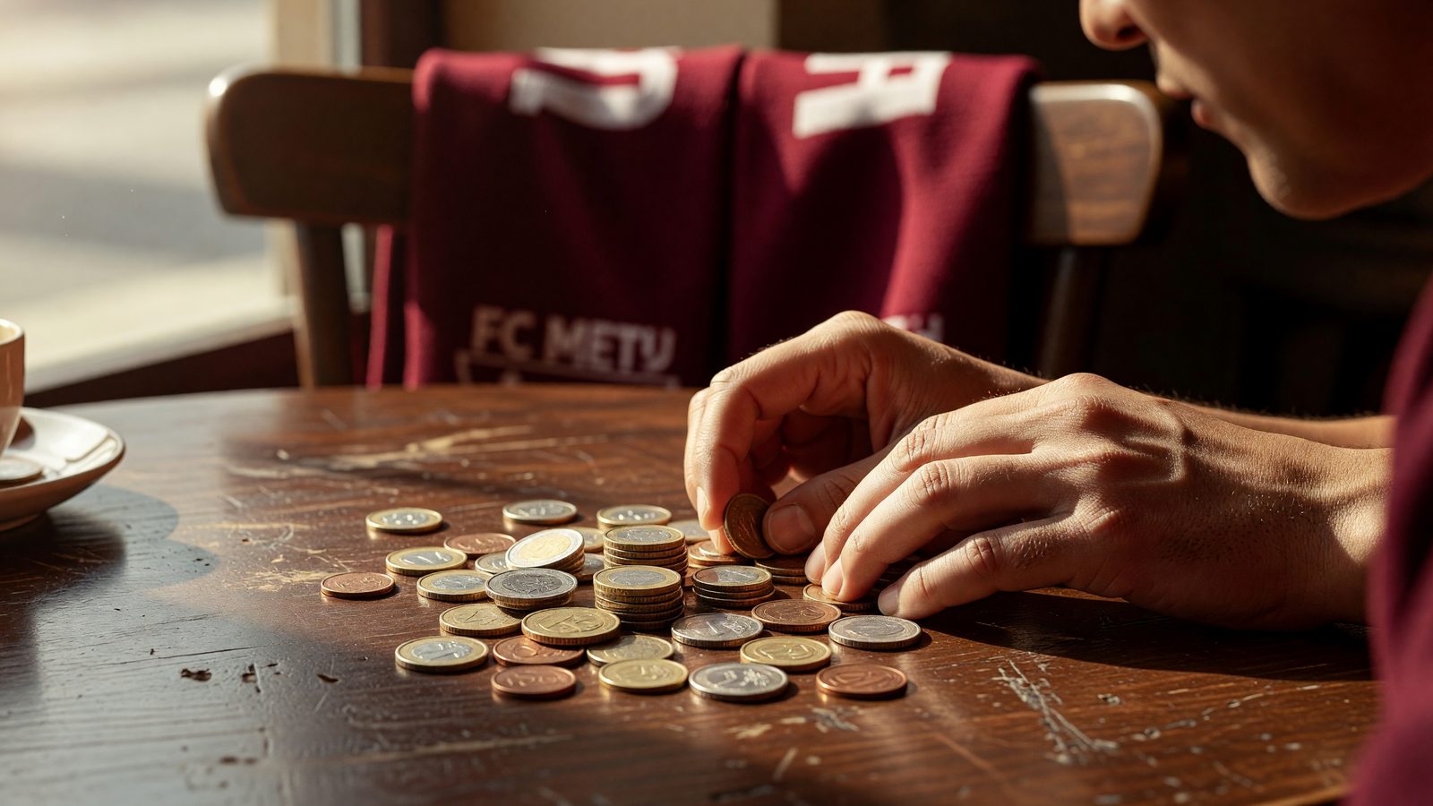 Gros plan sur des mains comptant des pièces d'euro sur une table en bois, avec une écharpe grenat du FC Metz floutée à l'arrière-plan, en lumière du j
