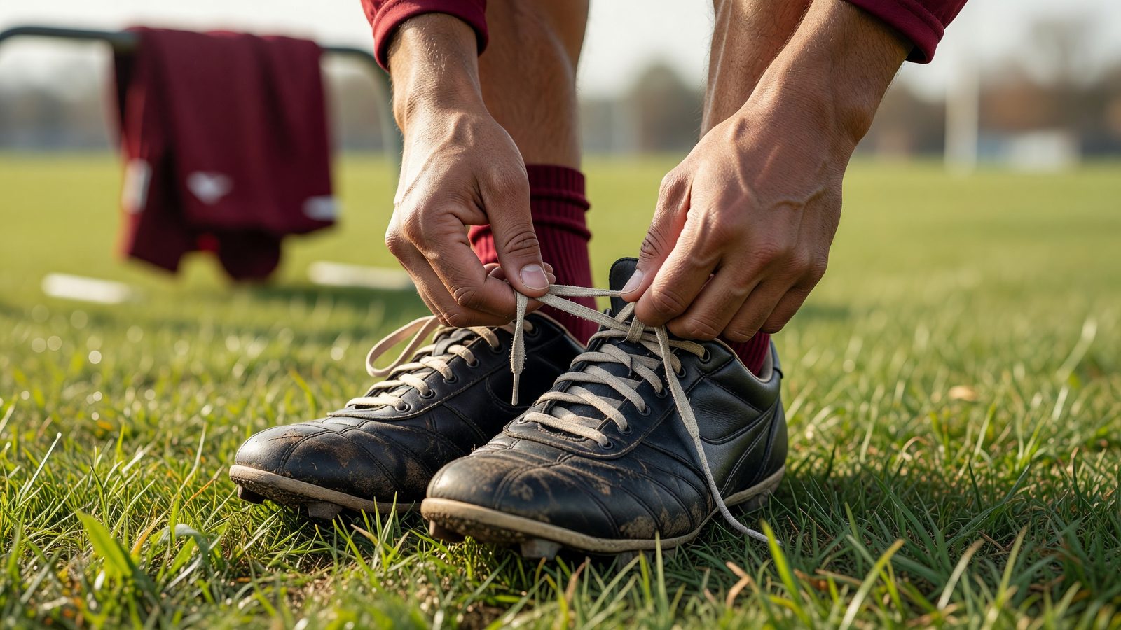 Des mains lacent des chaussures de football sur une pelouse d'entraînement, en lumière du matin.