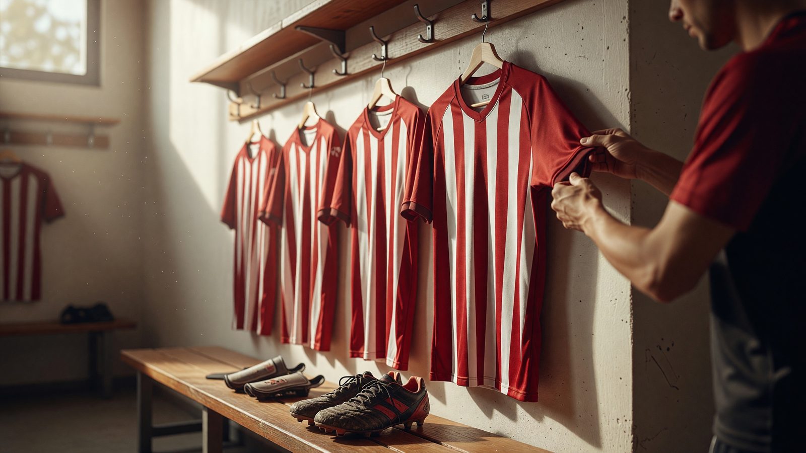 Maillots grenat du FC Metz suspendus dans un vestiaire, avec des chaussures de football posées sur un banc en bois