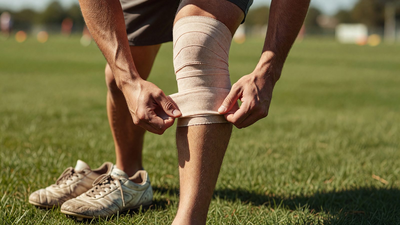 Des mains bandent le genou d'un footballeur sur la pelouse en plein jour, à côté d'une paire de crampons posés dans l'herbe.