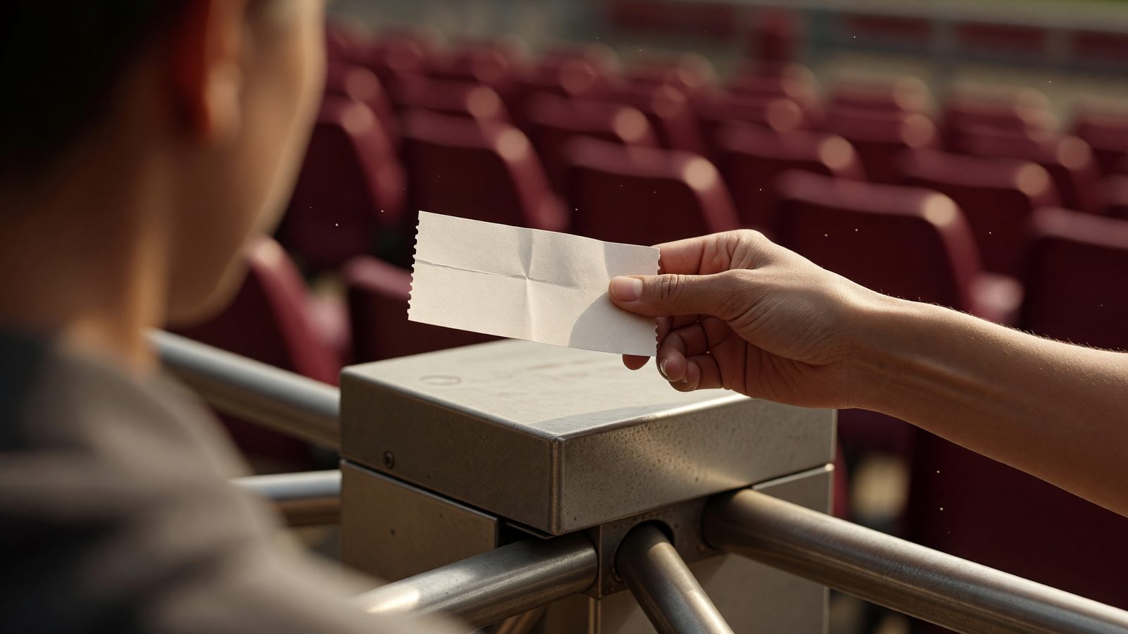 Une main tient un billet de match à l'entrée du stade, en lumière du jour, avant FC Metz - Pau FC.