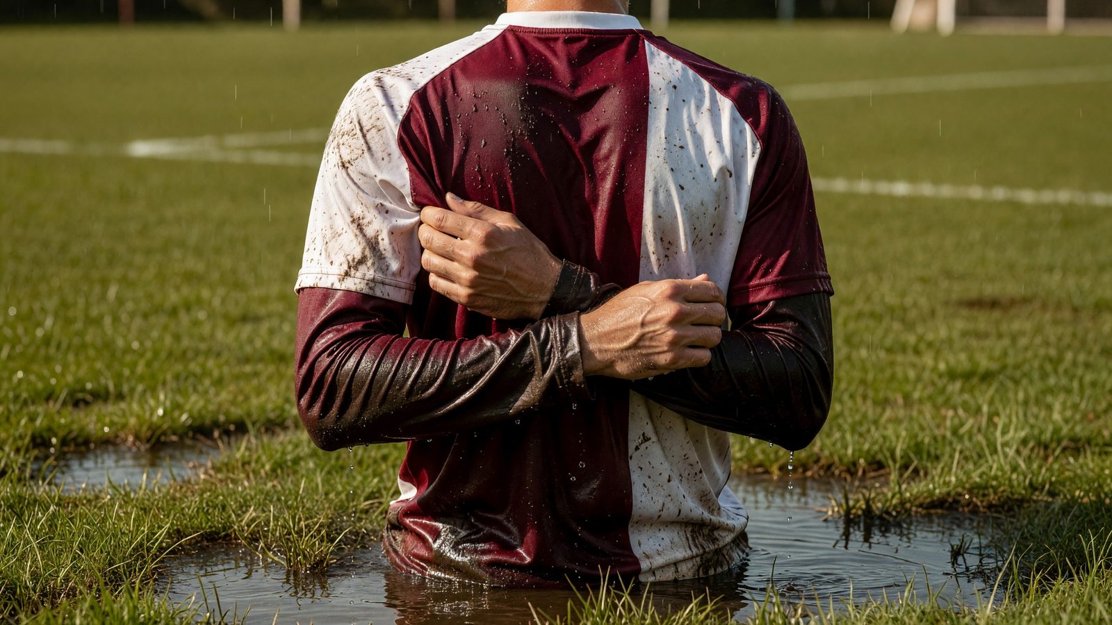 Gros plan sur les mains d'un joueur ajustant sa manche de maillot grenat trempée par la pluie, sur une pelouse de football détrempée