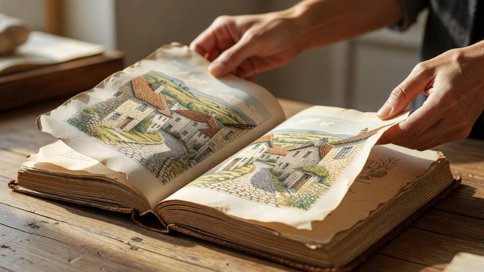 Des mains feuilletant un ouvrage illustré consacré aux scènes traditionnelles de Lorraine, en lumière du jour