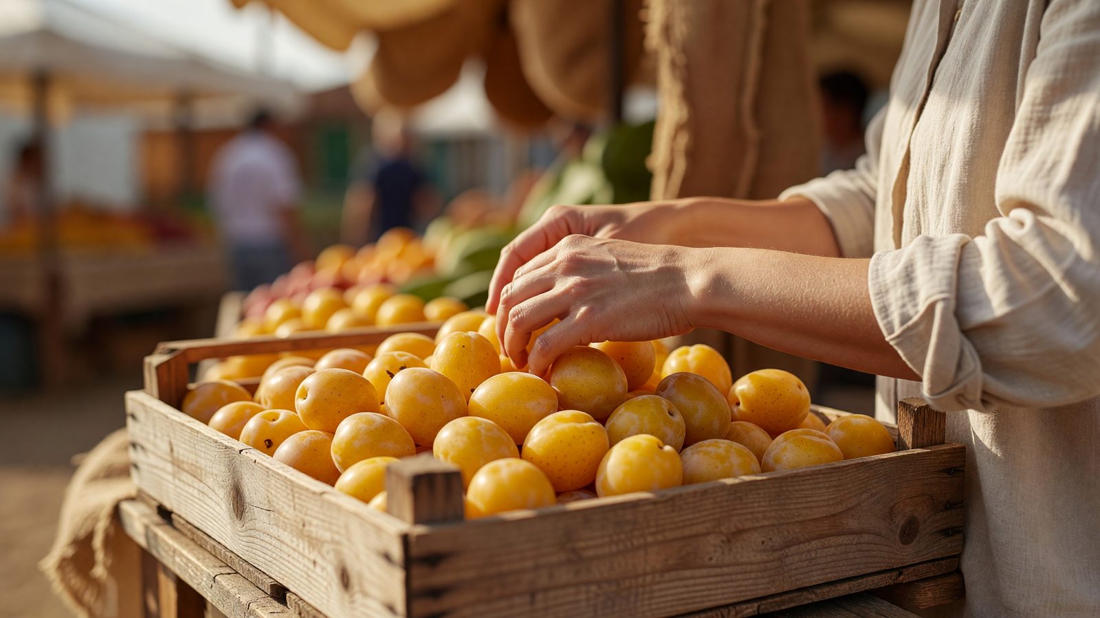 Des mains trient des mirabelles dorées dans une caisse en bois sur un stand de la foire, en pleine lumière du jour