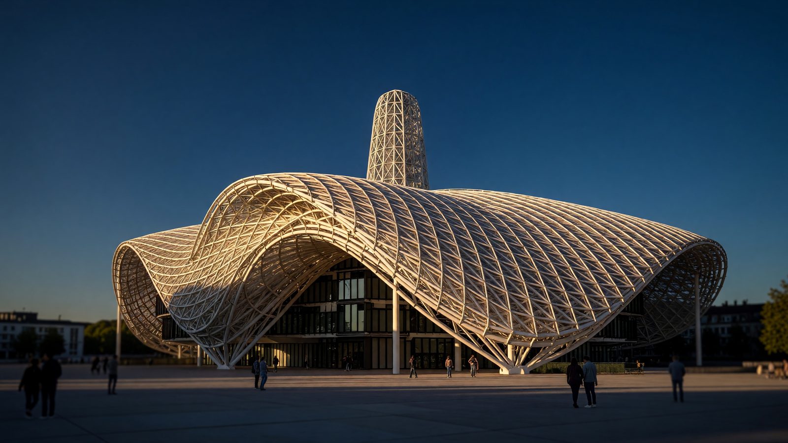 Le Centre Pompidou-Metz et sa toiture blanche ondulée au coucher du soleil