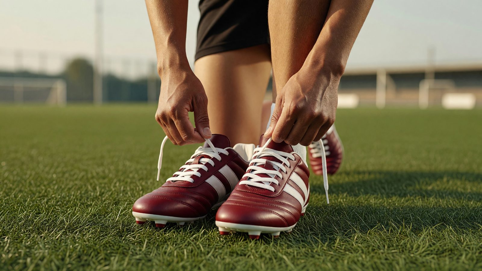 Des mains lacent des chaussures de football aux couleurs grenat sur une pelouse d'entraînement, en pleine lumière du jour.