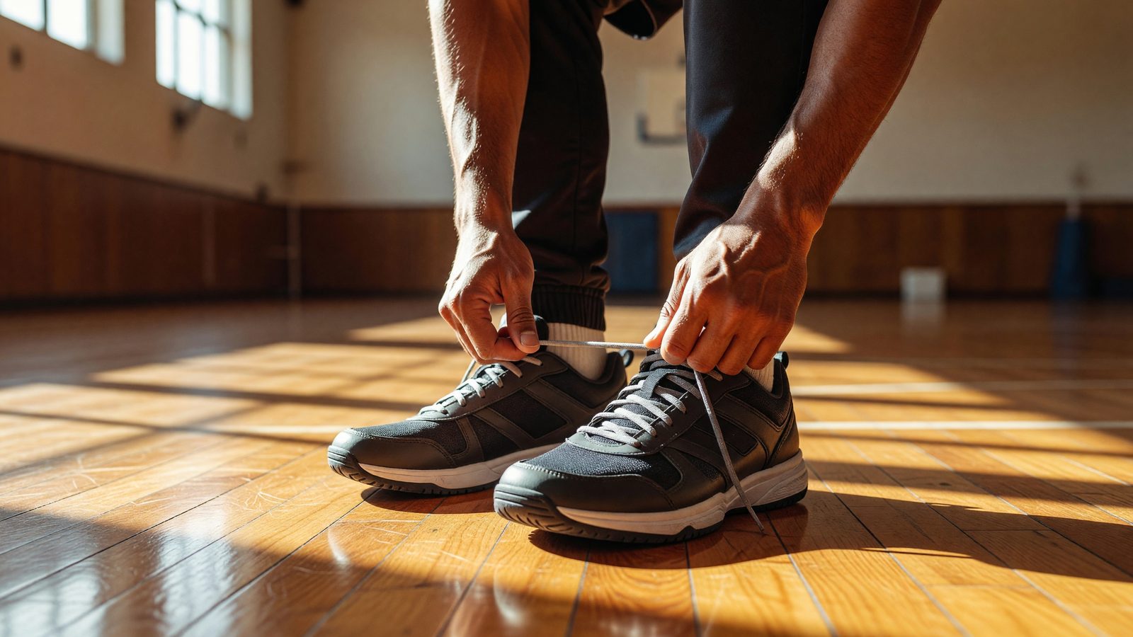 Des mains lacent des chaussures de handball sur le parquet, en lumière naturelle, avant la rencontre des Dragonnes de Metz Handball contre Chambray.