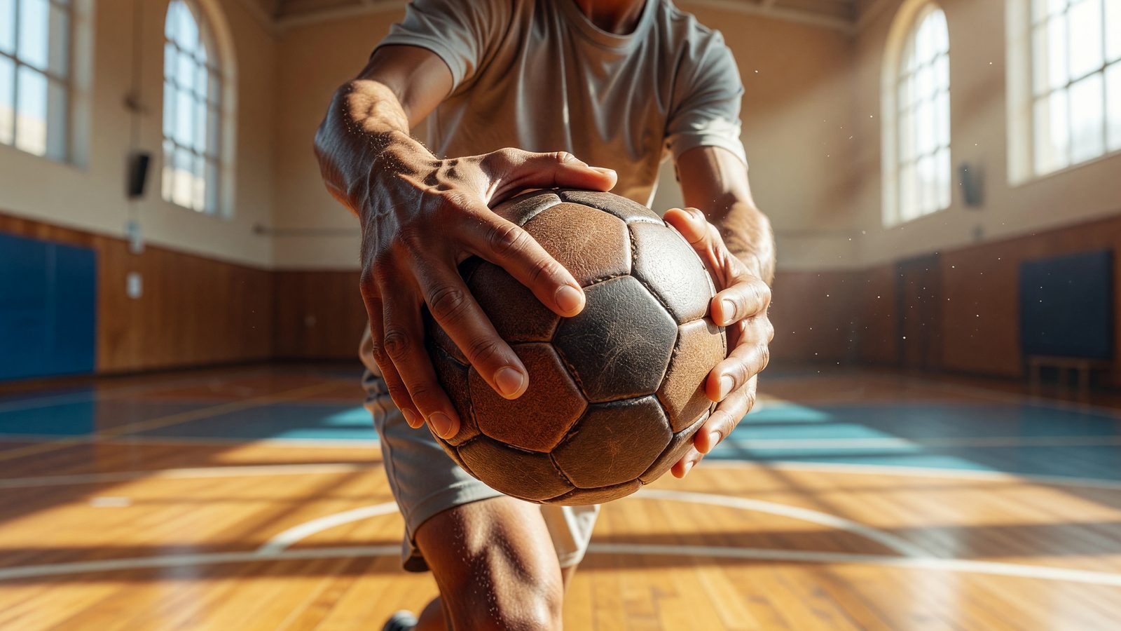 Gros plan sur des mains tenant un ballon de handball au-dessus d'un parquet de salle inondé de lumière du jour