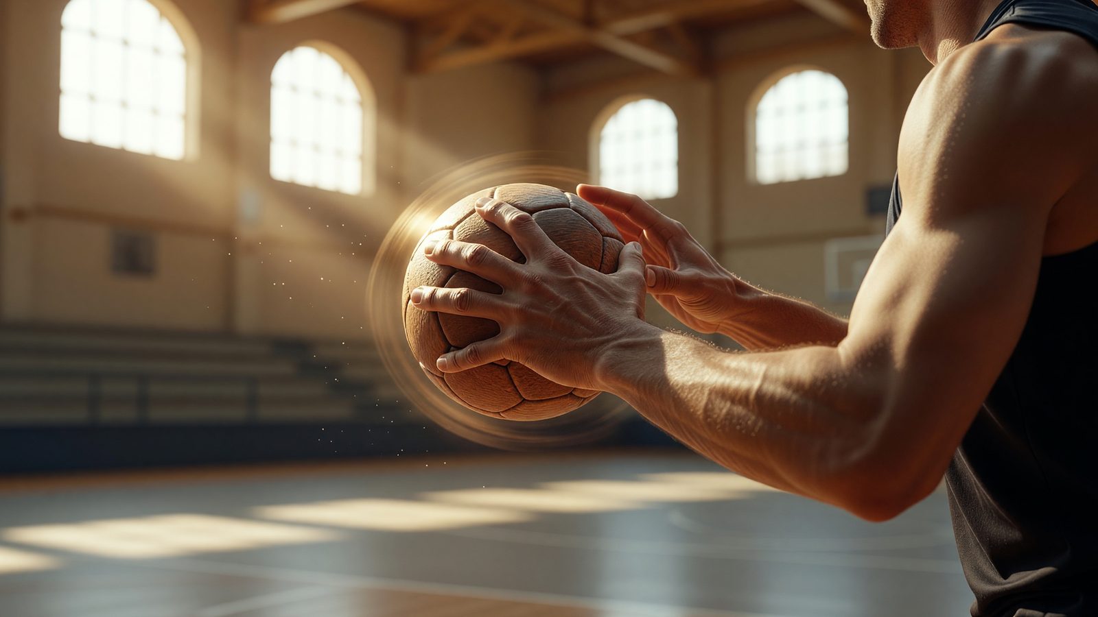 Gros plan sur des mains serrant un ballon de handball dans une salle baignée de lumière naturelle
