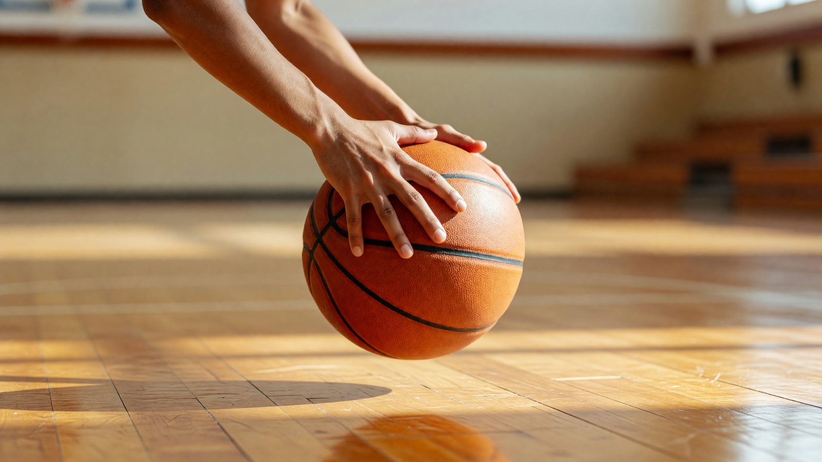 Gros plan sur des mains faisant rebondir un ballon de basket orange sur un parquet, en pleine lumière du jour
