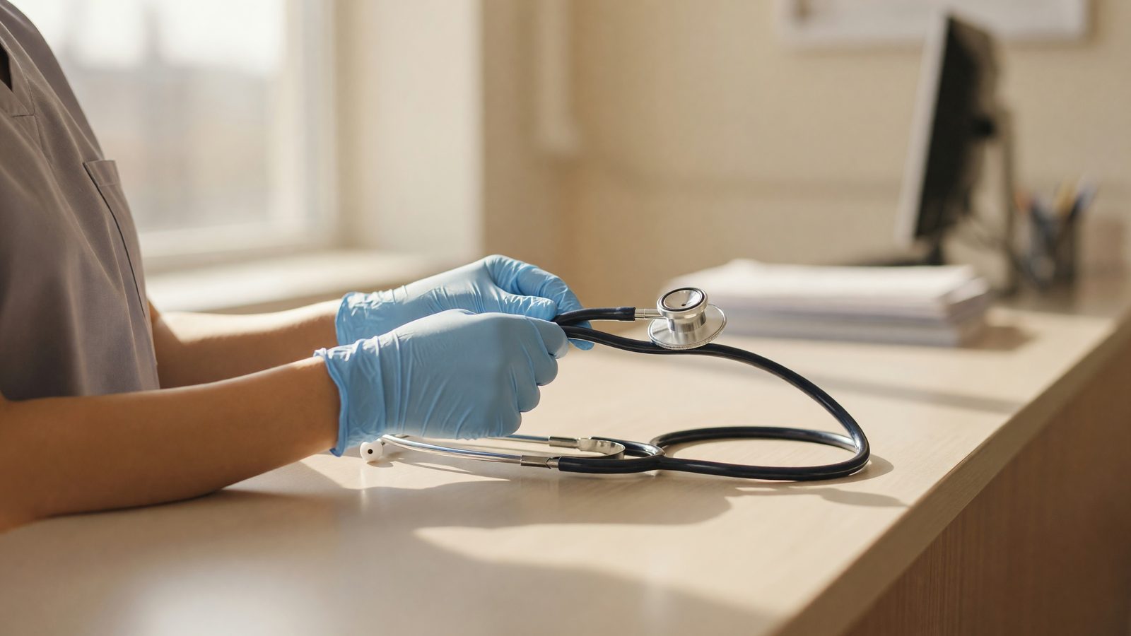 Gros plan sur des mains ajustant un stéthoscope dans un hôpital, en lumière naturelle du jour