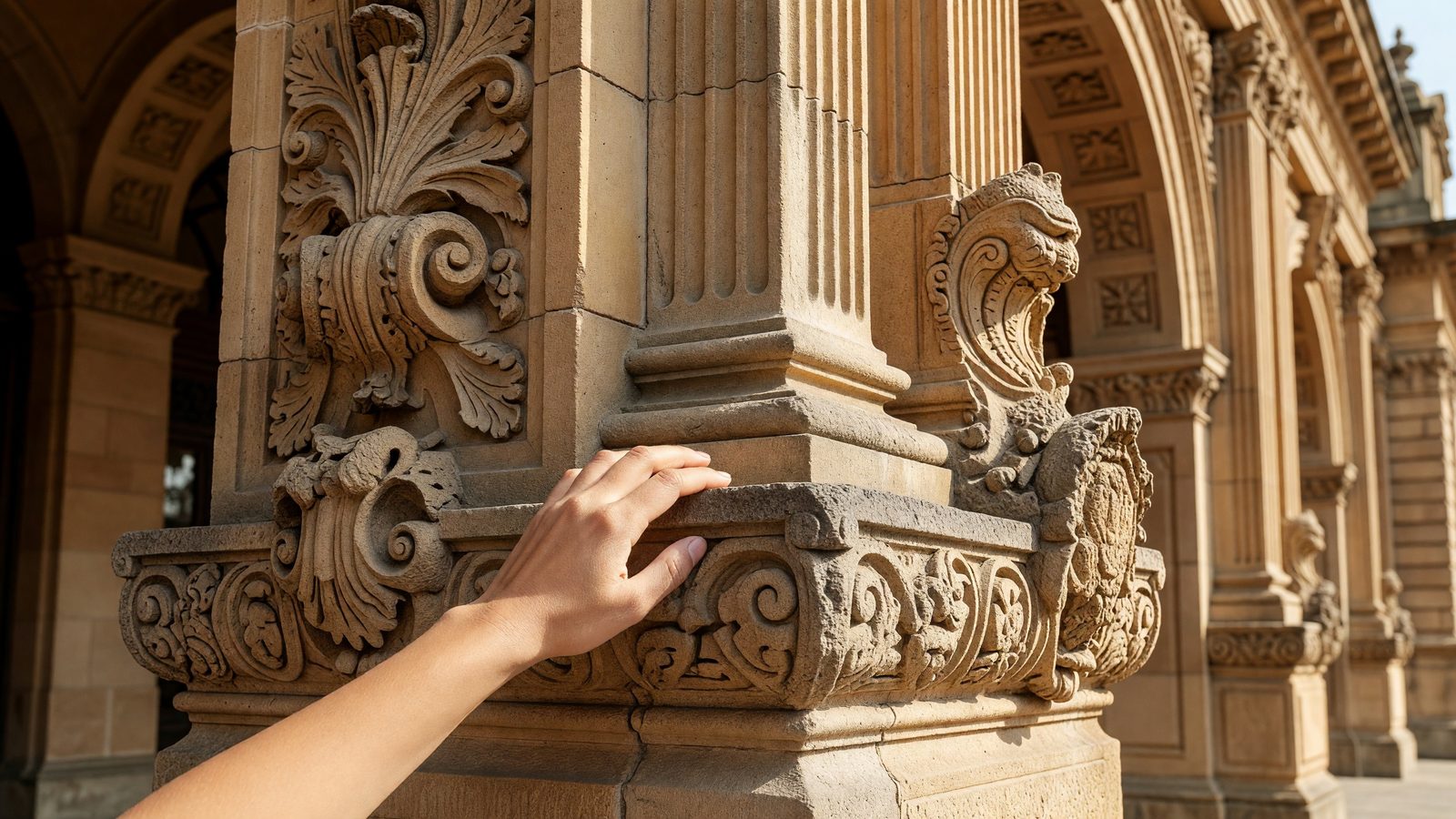 Gros plan sur une main qui effleure la pierre sculptée de la façade de la gare de Metz, éclairée par la lumière du jour.