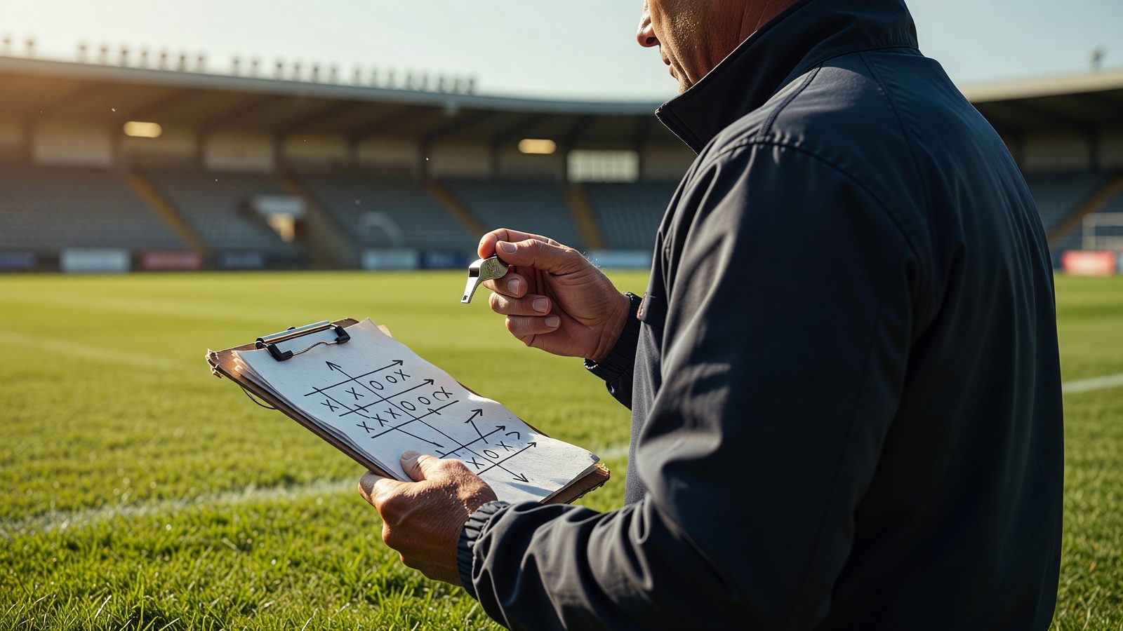 Mains d'un entraîneur de football tenant un sifflet et un carnet tactique au bord d'un terrain d'entraînement