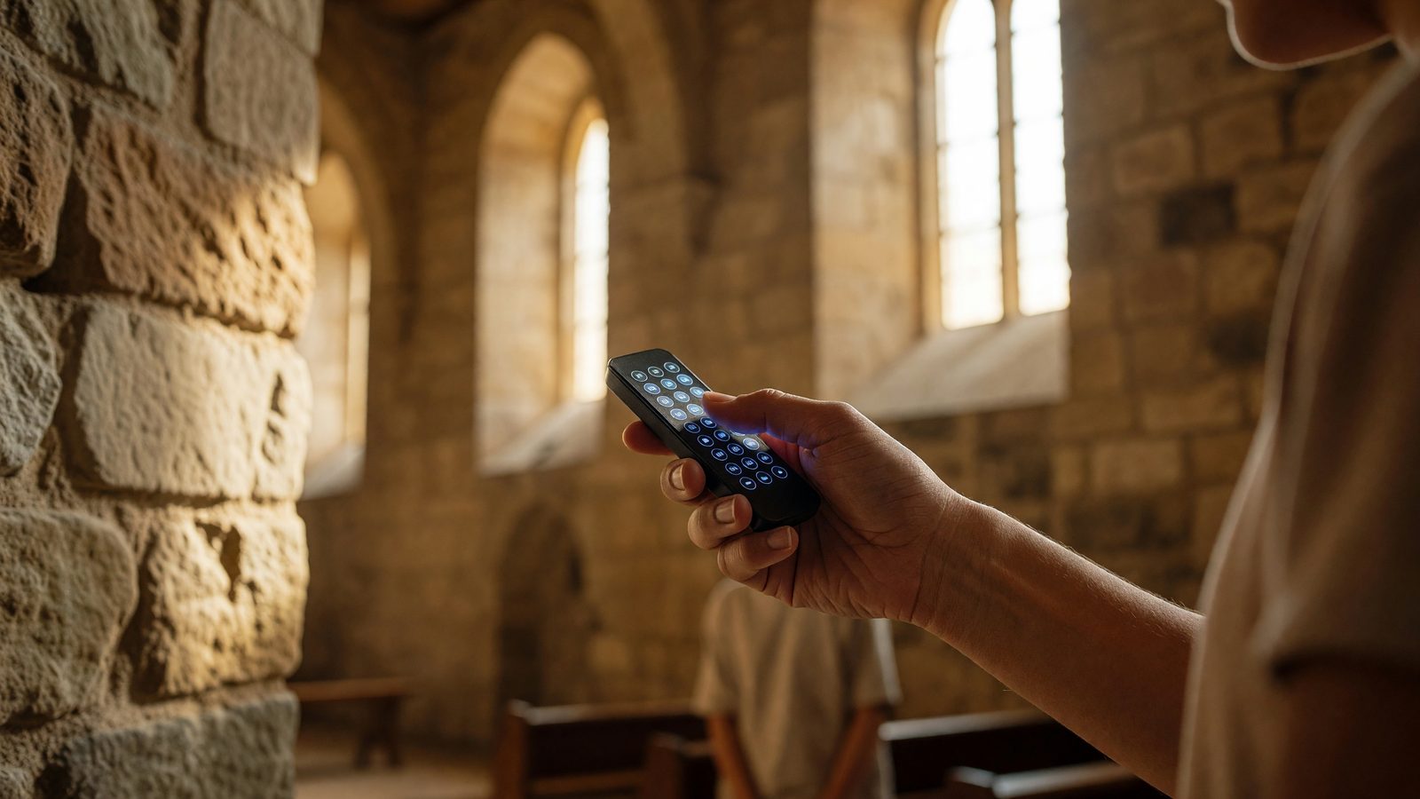 Une main tient un petit boîtier de vote lumineux dans l'église Saint-Joseph, éclairée par la lumière du jour.