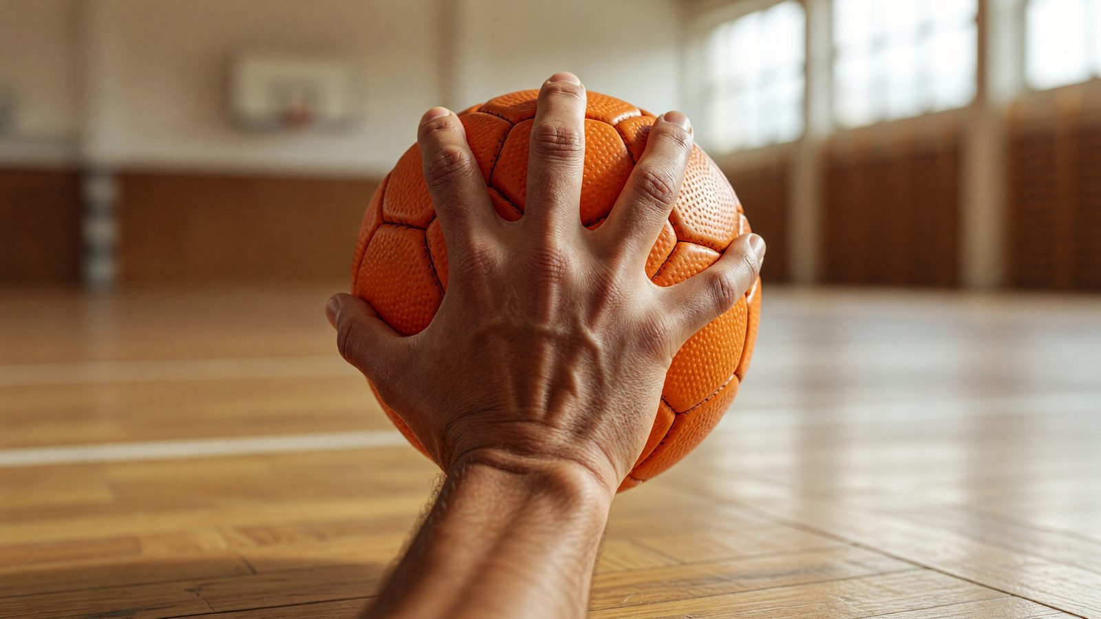 Gros plan sur une main de handballeuse serrant un ballon de handball orange sur un parquet de salle lumineux