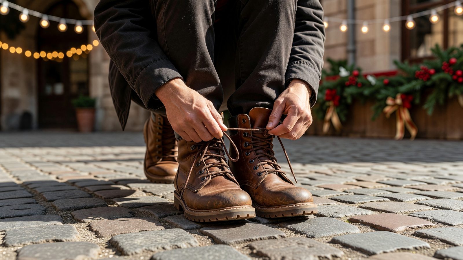 Gros plan sur des mains qui lacent des chaussures de marche avant une balade nocturne illuminée dans les rues de Metz.