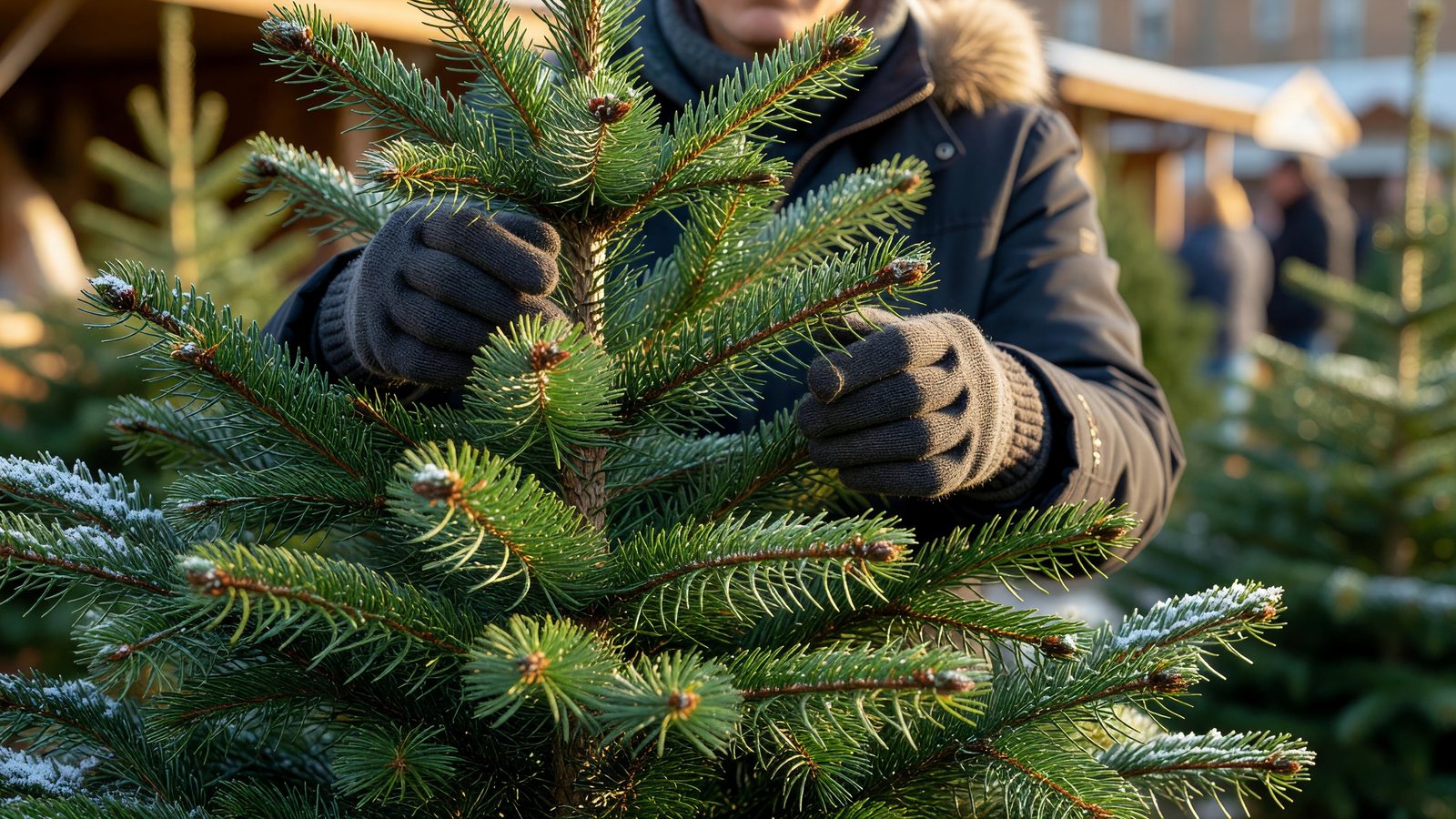 Des mains choisissent un sapin de Noël sur un marché en plein air à Metz.