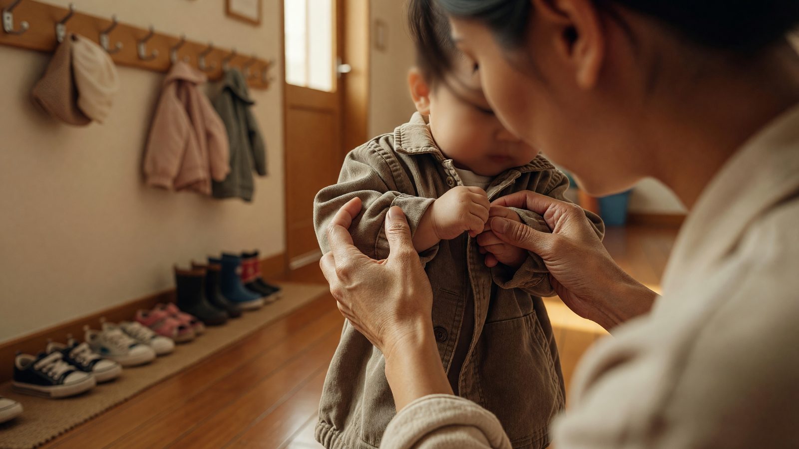 Des mains aident un tout-petit à enfiler son manteau à l'entrée d'une crèche, dans la lumière du matin.