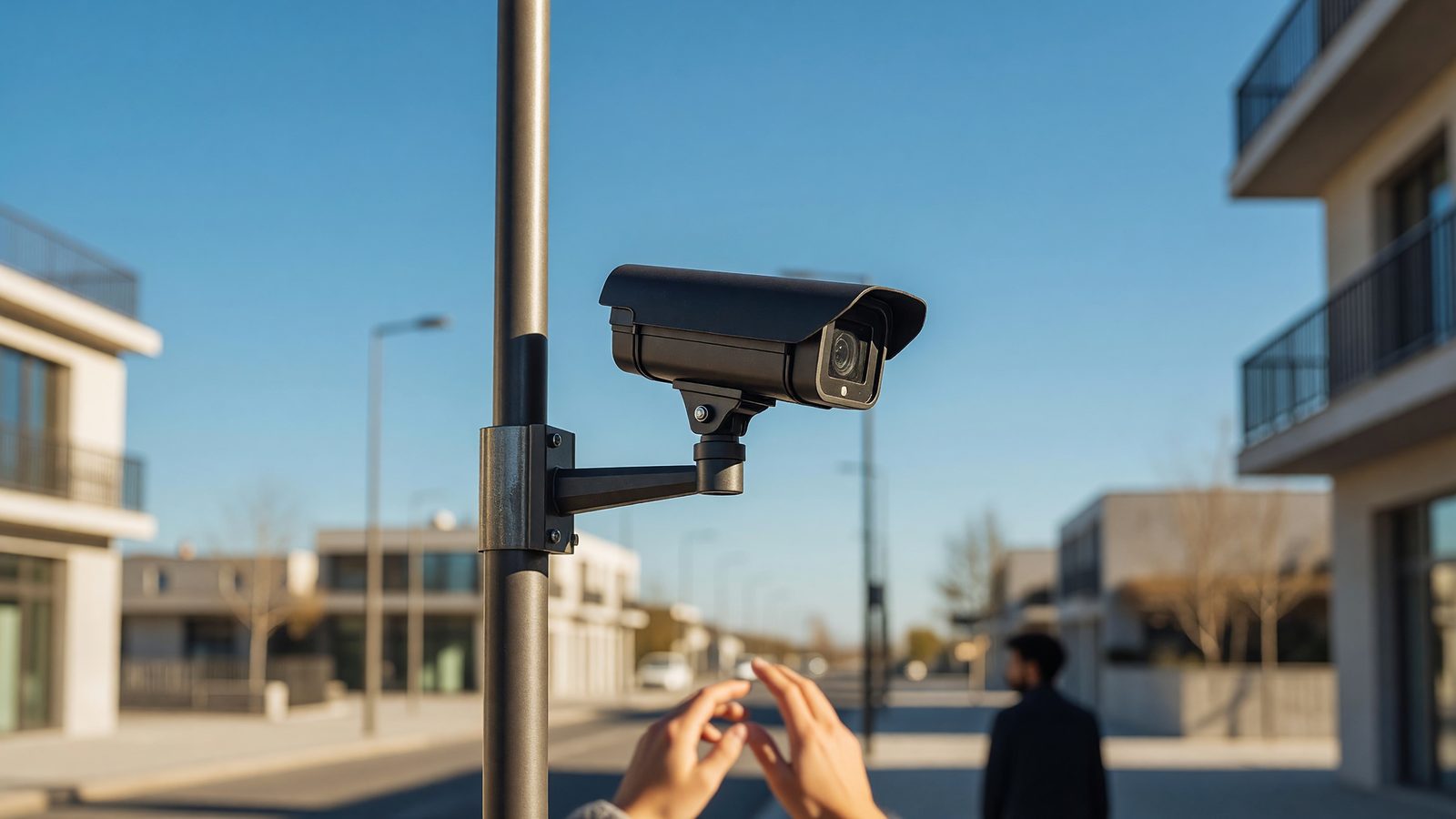 Une caméra de vidéosurveillance installée sur un lampadaire dans une rue de Metz, photographiée en contre-plongée sous un ciel clair.