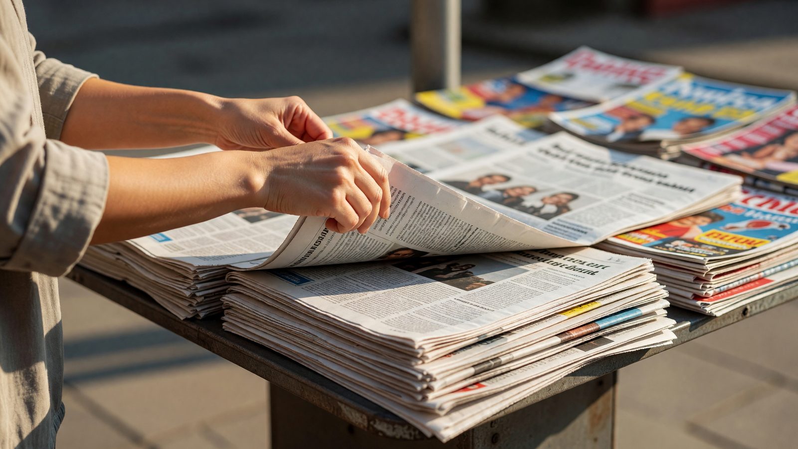 Des journaux et magazines présentés sur un présentoir de kiosque à Metz, en pleine lumière du jour