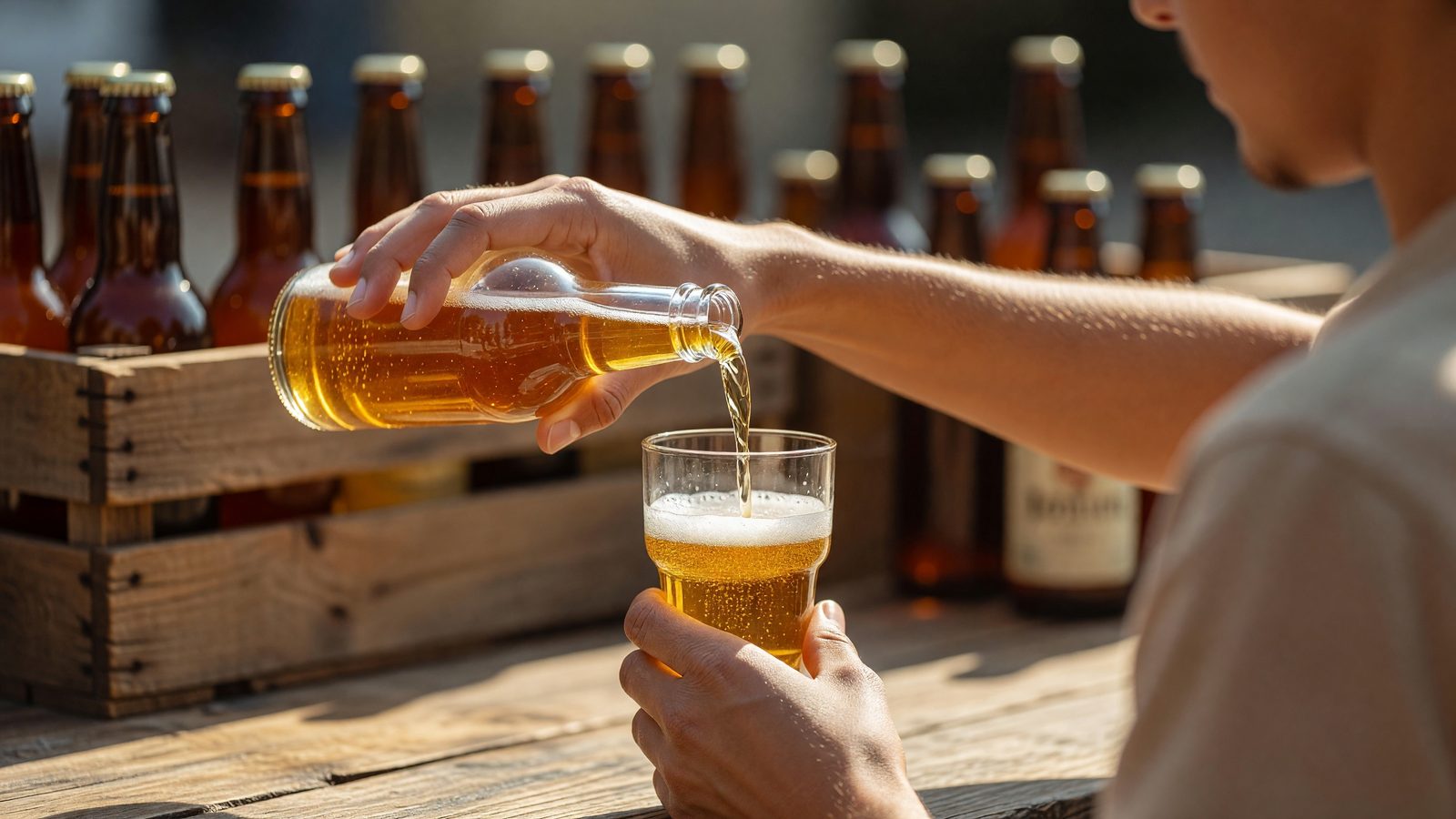 Des mains versent une bière artisanale dans un petit verre de dégustation gradué, lors d'un festival de bière en plein jour.