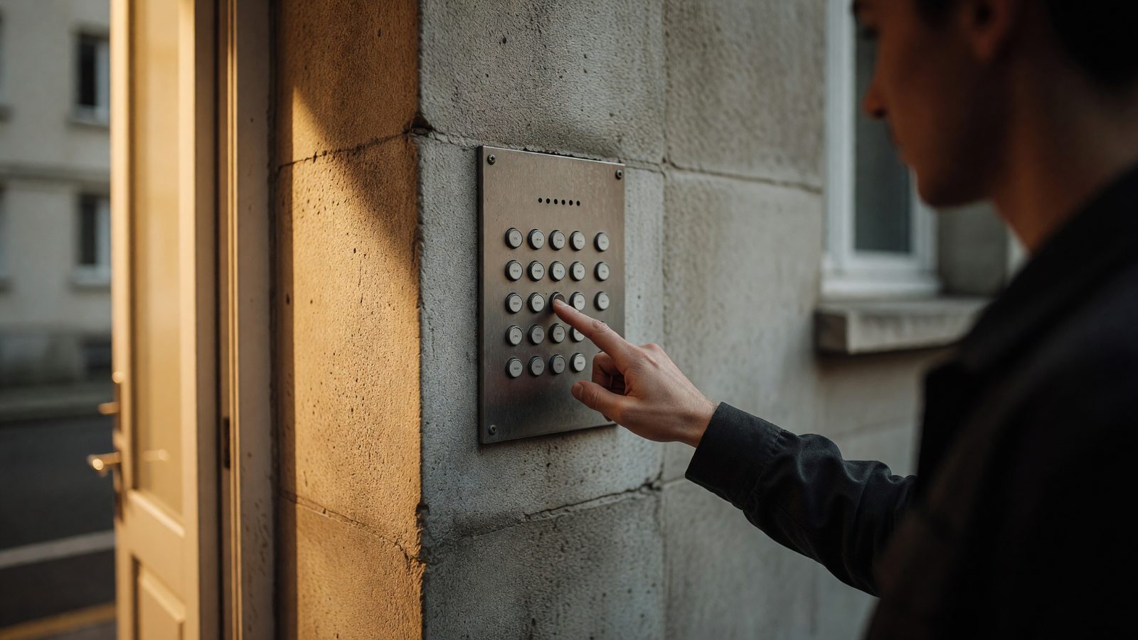 Main appuyant sur un interphone à l'entrée d'un immeuble résidentiel, en fin de journée