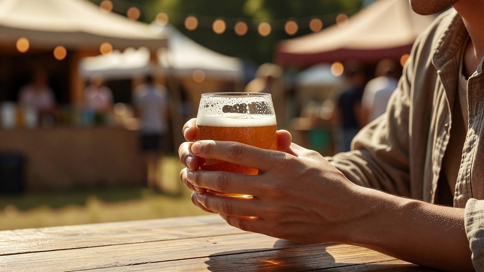 Gros plan sur des mains tenant un verre de dégustation de bière artisanale lors d'un festival en extérieur