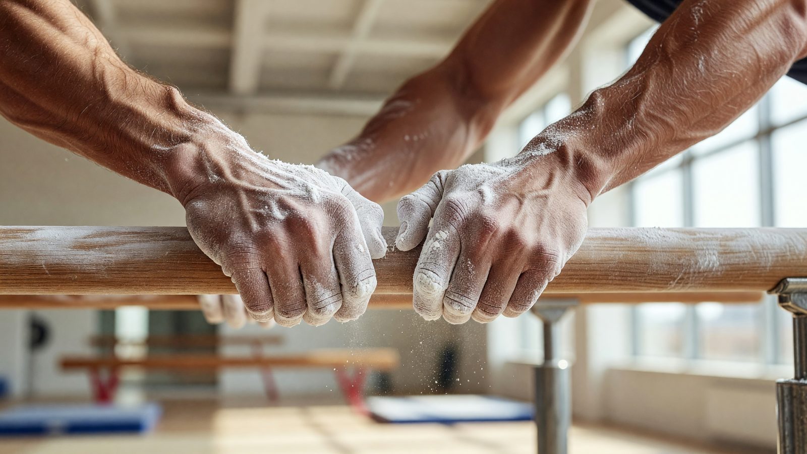 Gros plan sur les mains d'un gymnaste s'entraînant dans un complexe sportif lumineux
